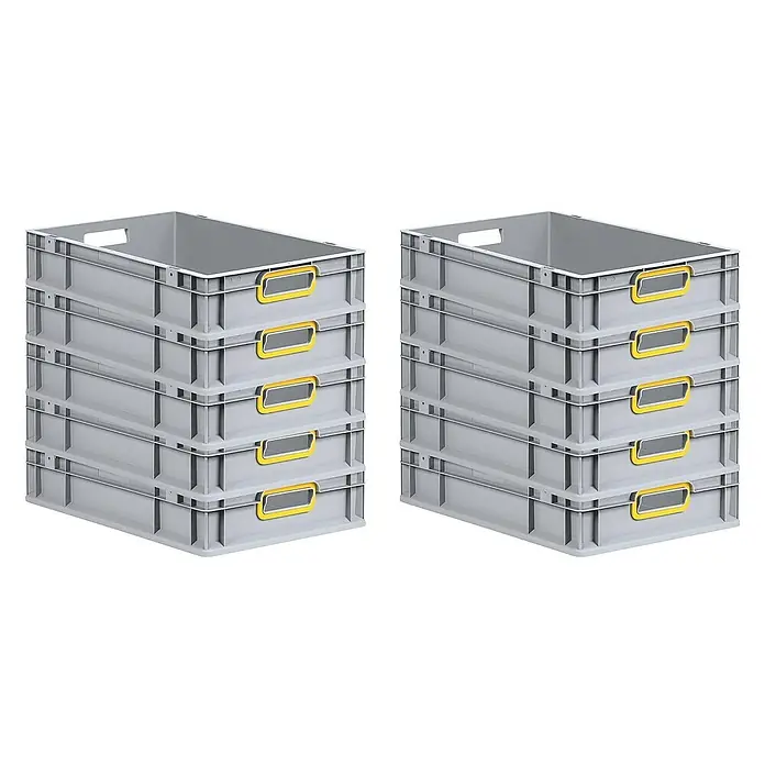 Proregal Euroboxen-Set 10x Eurobox NextGen Color - L x B x H: 60 x 40 x 12 cm, Kunststoff, Grau, Gelb, 10 Stk. - Ein Bild zeigt zwei Stapel grauer Lagerbehälter mit gelben Etikettenhaltern, die zur Aufbewahrung und Organisation verwendet werden.