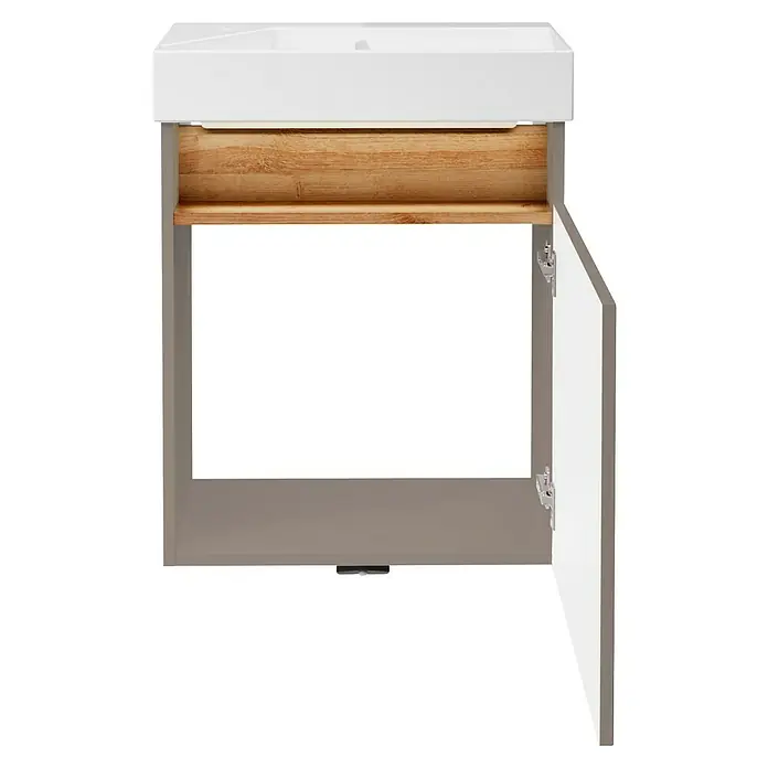 Camargue Pure Badmöbel-Set - Gesamtbreite Badmöbel: 55 cm, Kaschmir, Matt - Offener Badezimmerschrank mit weißer Front und Ablage aus hellem Holz. Der Schrank bietet Stauraum und ist modern gestaltet.