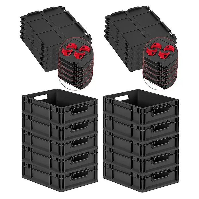 Proregal Euroboxen-Set 10x Eurobox NextGen Grip mit Auflagedeckel inkl. 4 roten Verschlüssen - L x B x H: 40 x 30 x 12 cm, Kunststoff, Schwarz, 10 Stk. - Eine Aufnahme von zwei Stapeln schwarzer Kunststoffkisten, Deckel und roten Verschlüssen, ideal für Lagerung und Organisation.
