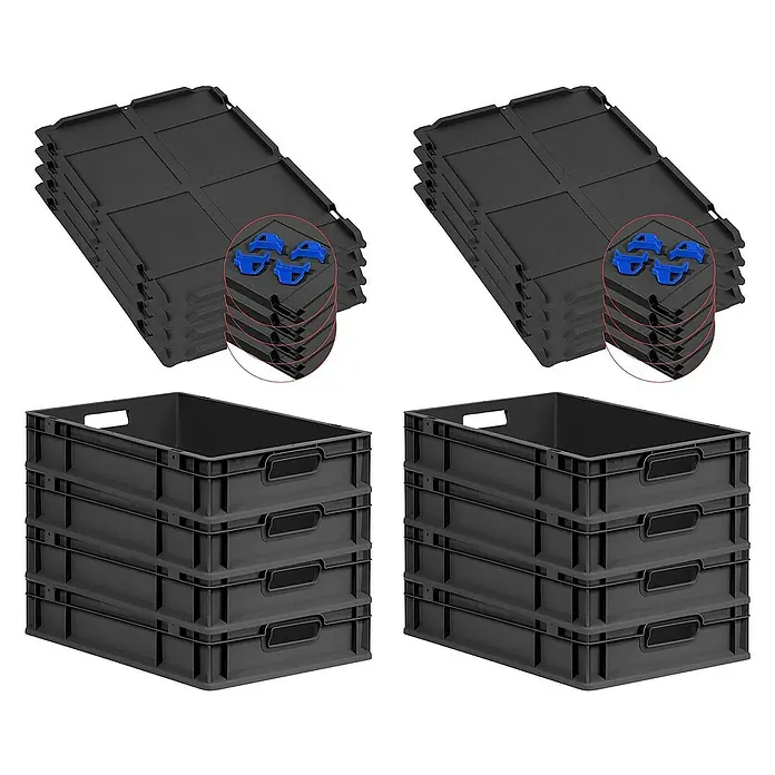 Proregal Euroboxen-Set 8x Eurobox NextGen Grip mit Auflagedeckel inkl. 4 blauen Verschlüssen - L x B x H: 60 x 40 x 12 cm, Kunststoff, Schwarz, 8 Stk. - Schwarze Aufbewahrungsboxen und Deckel aus Kunststoff. Die robusten Boxen eignen sich ideal für die Organisation verschiedener Gegenstände.