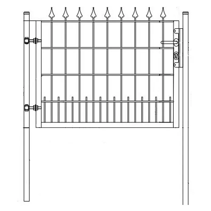 FA-Bausysteme Zauntor U20 Lilie - 120 x 100 cm, Anthrazit, Stahl - Abbildung eines schwarzen Metallzauns mit Tür, detailliert gezeichnet.