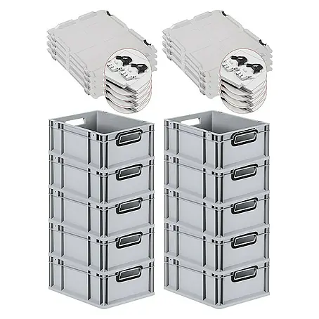 SuperSparSet 10x Eurobox NextGen Color mit Scharnierdeckel und Schiebeschnappverschlüssen | HxBxT 17x30x40cm | 16 Liter | Grau | Griffe schwarz offen | Glatter Boden | Eurobehälter, Transportbox, Transportbehälter, Stapelbehälter