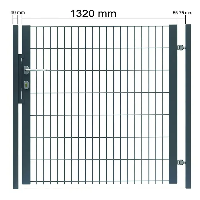 FA-Bausysteme Zauntor Halbrahmen - 1,32 x 2 m, Stahl, Silber, 1-Flügel - Abbildung eines grauen Gartentors mit den Maßen 1320 mm Breite, 40 mm Pfosten und 55-75 mm Schlossseite.