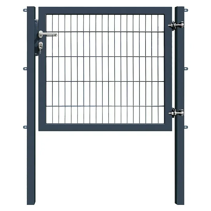 FA-Bausysteme Zauntor Industrietor - 1,2 x 1 m, Stahl, Anthrazit, 1-Flügel, Drahtstärke 8/6/8 mm - Nahaufnahme eines grauen Metalltorgitters mit Griff und Schloss, das Sicherheit und Schutz bietet.