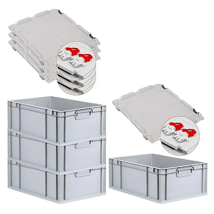 Proregal Euroboxen-Set 4x Eurobox NextGen Economy mit Scharnierdeckel und roten Verschlüssen - L x B x H: 60 x 40 x 22 cm, Kunststoff, Grau, 4 Stk. - Graue Kunststoffboxen mit Deckeln. Robuste Lagerbehälter, ideal für Industrie und Gewerbe, stapelbar und langlebig.