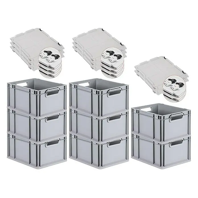 Proregal Euroboxen-Set 8x Eurobox NextGen Economy mit Scharnierdeckel und schwarzen Verschlüssen - L x B x H: 40 x 30 x 22 cm, Kunststoff, Grau, 8 Stk. - Abgebildet sind graue Lagerboxen mit Deckel und praktischen Griffen, ideal für Ordnung und Lagerung.