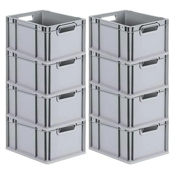 Proregal Euroboxen-Set 8x Eurobox NextGen Economy mit Scharnierdeckel und schwarzen Verschlüssen - L x B x H: 40 x 30 x 22 cm, Kunststoff, Grau, 8 Stk. - Zwei Stapel grauer Kunststoffbehälter. Die Behälter sind mit Griffen versehen und übereinander gestapelt. Ideal zur Aufbewahrung.