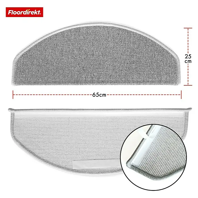 Stufenmatte London - 65 x 25 cm, Grau, Halbrund - Bild mit den Maßen der grauen Treppenmatte mit abgerundeten Kanten und Anti-Rutsch-Klebeband.