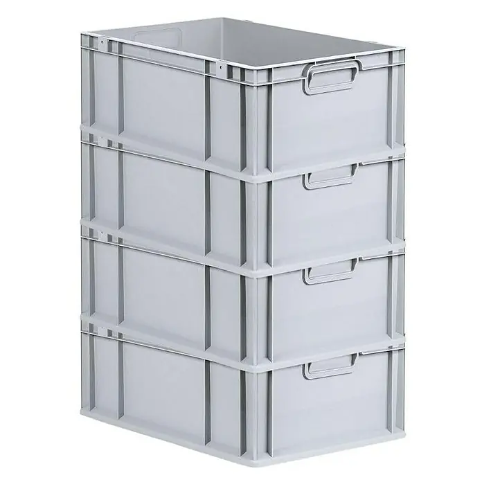 Proregal Euroboxen-Set 4x Eurobox NextGen Economy mit Scharnierdeckel und gelben Verschlüssen - L x B x H: 60 x 40 x 22 cm, Kunststoff, Grau, 4 Stk. - Stapelbare graue Kunststoffboxen. Die Boxen sind robust und praktisch für Lagerung und Transport in verschiedenen Umgebungen.