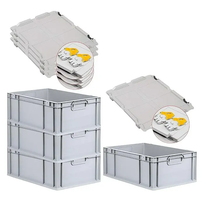 Proregal Euroboxen-Set 4x Eurobox NextGen Economy mit Scharnierdeckel und gelben Verschlüssen - L x B x H: 60 x 40 x 22 cm, Kunststoff, Grau, 4 Stk. - Graue Kunststoffbehälter mit Deckeln, die sich ideal für Lagerung und Transport eignen. Diese robusten Boxen sind stapelbar und vielseitig einsetzbar.
