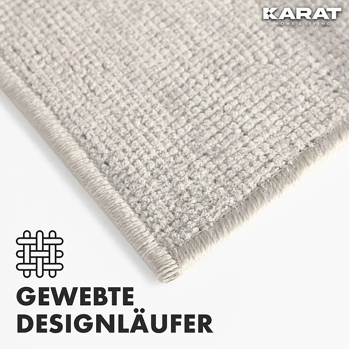 Teppichläufer Azade - Elfenbein, 250 x 80 cm, 65 % Baumwolle, 35 % Polyester - Nahaufnahme eines gewebten Designläufers von Karat Home & Living, der die hochwertige Textur und das Öko-Tex-Siegel hervorhebt.