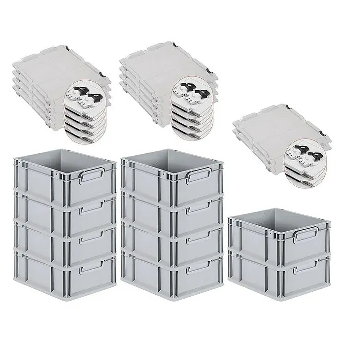 Proregal Euroboxen-Set 10x Eurobox NextGen Grip mit Scharnierdeckel und schwarzen Verschlüssen - L x B x H: 40 x 30 x 17 cm, Kunststoff, Grau, 10 Stk. - Das Bild zeigt eine Ansammlung von grauen Lagerkisten und zugehörigen Deckeln, die gestapelt sind und eine geordnete Lagerlösung darstellen.