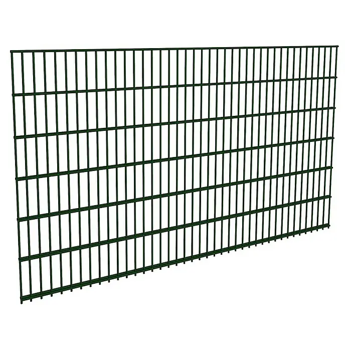 FA-Bausysteme Mattenzaun Basic 6/5/6 mm - 200,8 x 120 cm, Moosgrün - Nahaufnahme eines grünen Doppelstabmattenzauns, der Sicherheit und Struktur im Garten bietet. Er ist robust und langlebig.