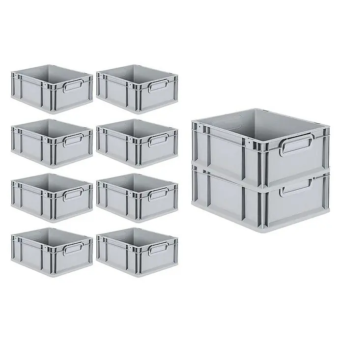 Proregal Euroboxen-Set 10x Eurobox NextGen Grip mit Scharnierdeckel und schwarzen Verschlüssen - L x B x H: 40 x 30 x 17 cm, Kunststoff, Grau, 10 Stk. - Graue Kunststoffboxen im Stapel und einzeln. Ideal für Lagerung, Transport und Organisation. Robuste und praktische Lagerlösung.