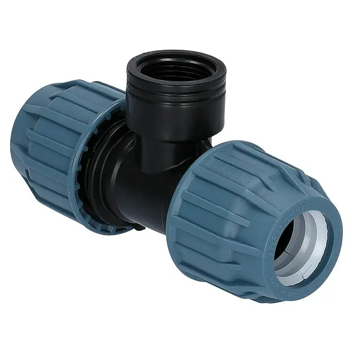 HDPE-T-Verbindungsstück PP - Durchmesser: 25 mm, Polyethylen - Ein T-Stück-Verbinder aus Kunststoff mit blauen Enden und einem schwarzen Abzweig, verwendet für Rohrsysteme.
