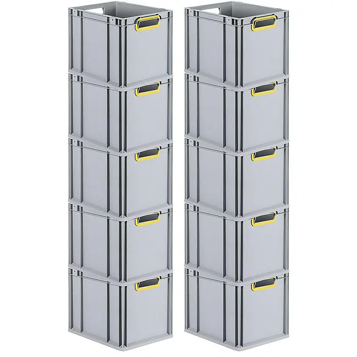 Proregal Euroboxen-Set 10x Eurobox NextGen Color - Kunststoff, Grau, Gelb, 10 Stk. - Zwei Stapel grauer Kunststoffboxen mit gelben Griffen, die übereinander gestapelt sind und eine praktische Aufbewahrungslösung bieten.