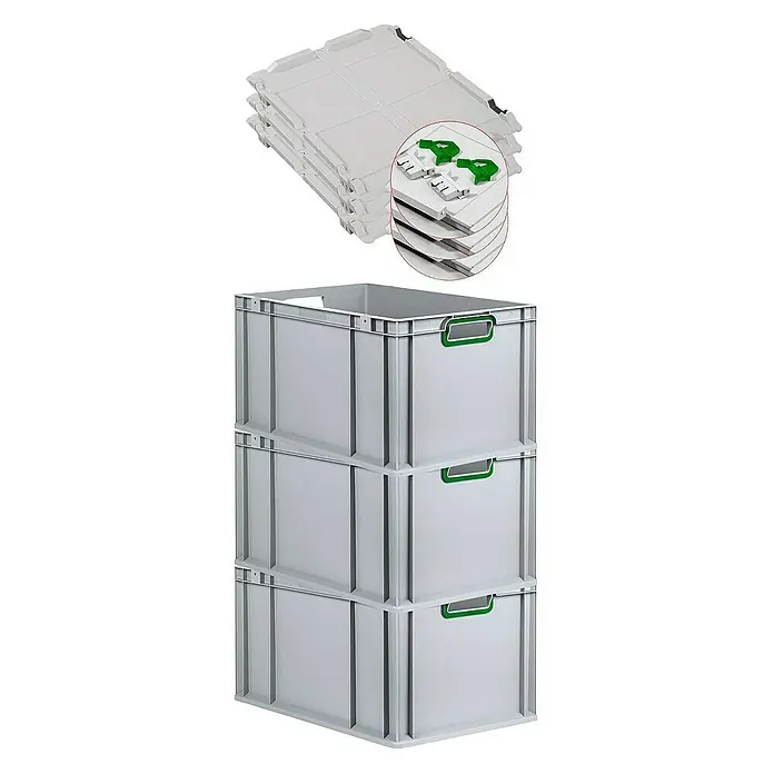 Proregal Euroboxen-Set 3x Eurobox NextGen Color mit Scharnierdeckel und Verschlüssen - L x B x H: 60 x 40 x 32 cm, Kunststoff, Grau, Grün, 3 Stk. - Stapelbare Kunststoffboxen mit Deckeln und Griffen. Ideal für Lagerung und Transport, robust und vielseitig einsetzbar.