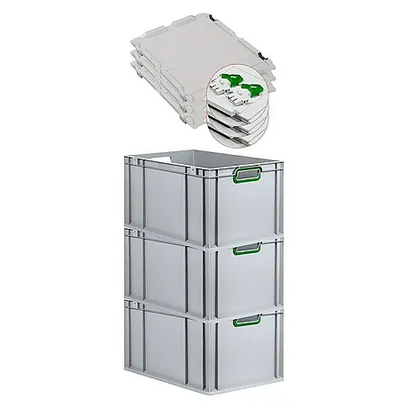 SuperSparSet 3x Eurobox NextGen Color mit Scharnierdeckel und Schiebeschnappverschlüssen | HxBxT 32x40x60cm | 65 Liter | Grau | Griffe grün offen | Verstärkter Boden | Eurobehälter, Transportbox, Transportbehälter, Stapelbehälter