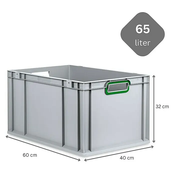 Proregal Euroboxen-Set 3x Eurobox NextGen Color mit Scharnierdeckel und Verschlüssen - L x B x H: 60 x 40 x 32 cm, Kunststoff, Grau, Grün, 3 Stk. - Abbildung eines grauen 65-Liter-Lagerbehälters mit den Maßen 60 x 40 x 32 cm, ideal für die Lagerung und Organisation.
