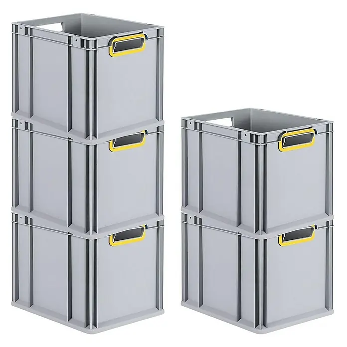 Proregal Euroboxen-Set 10x Eurobox NextGen Color - Kunststoff, Grau, Gelb, 10 Stk. - Graue Kunststoffboxen im Stapel mit gelben Griffen. Eine praktische und vielseitige Lösung für Lagerung und Organisation.