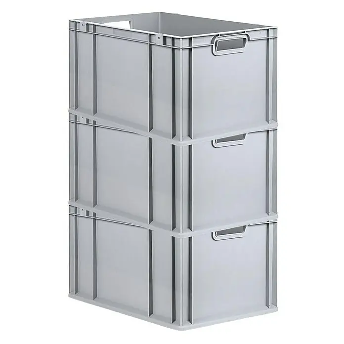 Proregal Euroboxen-Set 3x Eurobox NextGen Economy mit Scharnierdeckel und roten Verschlüssen - L x B x H: 60 x 40 x 32 cm, Kunststoff, Grau, 3 Stk. - Drei graue, übereinander gestapelte Lagerboxen aus Kunststoff mit Griffen. Ideal für Lagerung und Transport.