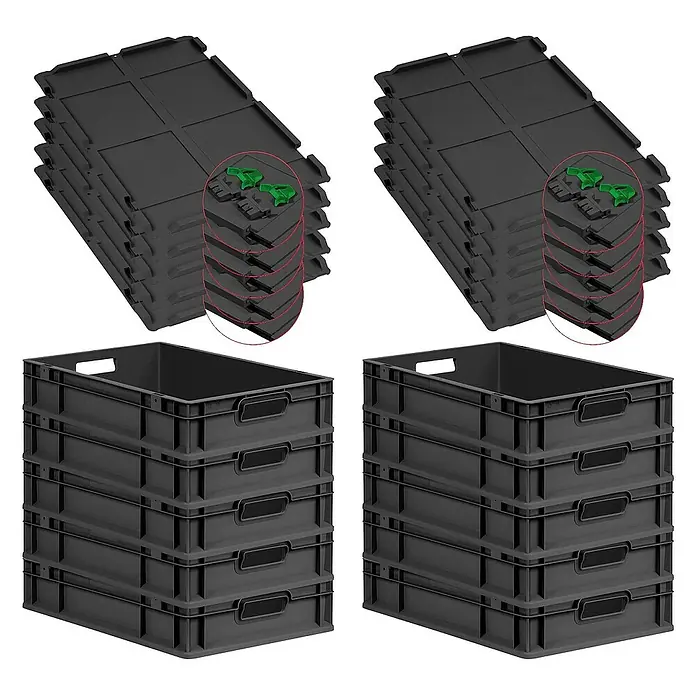 SuperSparSet 10x Eurobox NextGen Grip mit Scharnierdeckel und grünen Schiebeschnappverschlüssen | HxBxT 12x40x60cm | 23 Liter | Schwarz | Griffe offen | Eurobehälter, Transportbox, Transportbehälter, Stapelbehälter -  - Abbildung von zwei Stapeln schwarzer Kunststoffboxen und Abdeckungen. Ideal für Lagerung und Organisation.