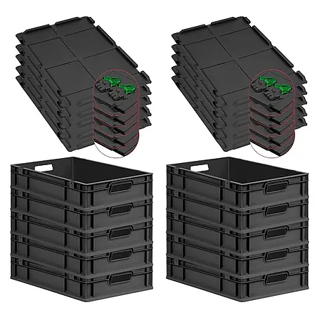 SuperSparSet 10x Eurobox NextGen Grip mit Scharnierdeckel und grünen Schiebeschnappverschlüssen | HxBxT 12x40x60cm | 23 Liter | Schwarz | Griffe offen | Eurobehälter, Transportbox, Transportbehälter, Stapelbehälter