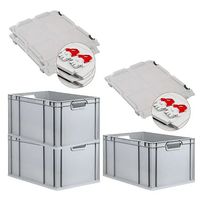 Proregal Euroboxen-Set 3x Eurobox NextGen Economy mit Scharnierdeckel und roten Verschlüssen - L x B x H: 60 x 40 x 32 cm, Kunststoff, Grau, 3 Stk. - Produktansicht von zwei grauen Lagerboxen und Deckeln mit roten Verschlüssen, ideal für Lagerung und Organisation.
