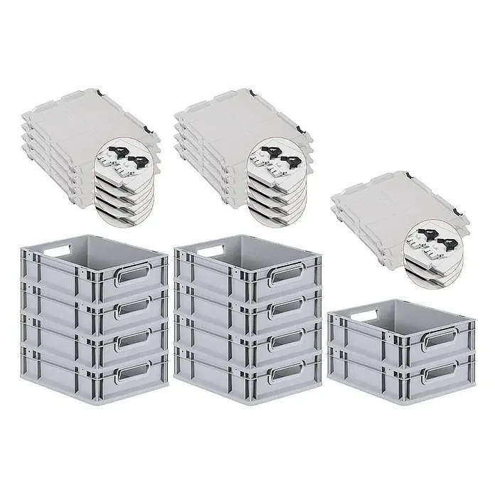 Proregal Euroboxen-Set 10x Eurobox NextGen Economy mit Scharnierdeckel und schwarzen Verschlüssen - L x B x H: 40 x 30 x 12 cm, Kunststoff, Grau, 10 Stk. - Bild von Stapelboxen und dazugehörigen Deckeln.