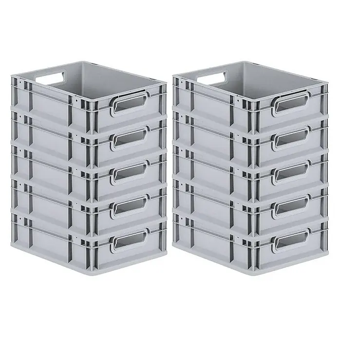Proregal Euroboxen-Set 10x Eurobox NextGen Economy mit Scharnierdeckel und schwarzen Verschlüssen - L x B x H: 40 x 30 x 12 cm, Kunststoff, Grau, 10 Stk. - Zwei Stapel grauer Kunststoffkisten mit Griffen, ideal für Lagerung und Organisation. Die robusten Behälter sind platzsparend stapelbar.