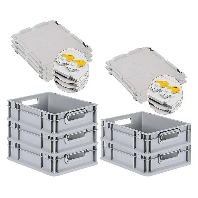 Proregal Euroboxen-Set 5x Eurobox NextGen Economy mit Scharnierdeckel und gelben Verschlüssen - L x B x H: 40 x 30 x 12 cm, Kunststoff, Grau, 5 Stk. - Stapelbare Eurobehälter und Deckel im Set. Ideal für Lagerung und Transport, robust und platzsparend.