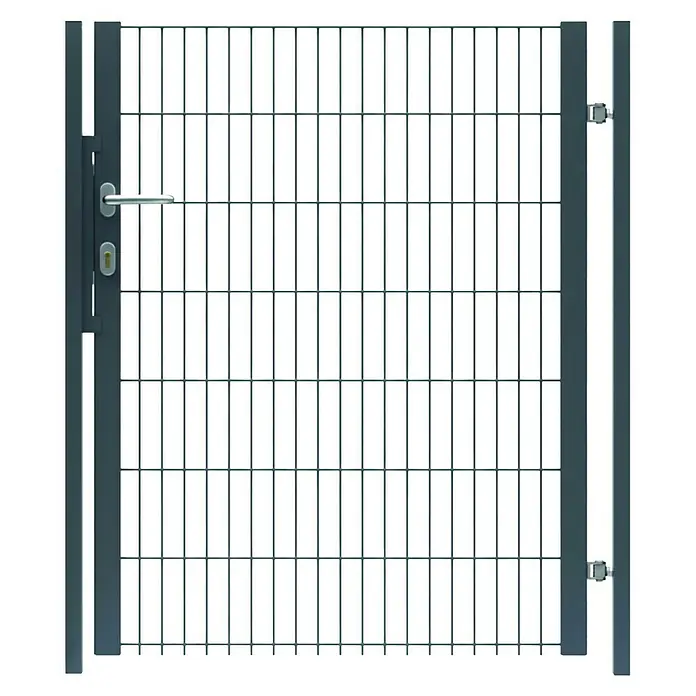 FA-Bausysteme Zauntor Halbrahmen - 0,92 x 1,6 m, Stahl, Anthrazit, 1-Flügel - Abgebildet ist ein graues Metalltor mit Gitterstruktur, ideal für den sicheren Zugang. Robuste Bauweise für den Außenbereich.
