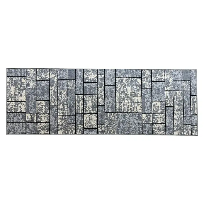 Teppichläufer Mannheim - Grau, 100 x 80 cm, 100 % Polyamid - Ein grauer Teppich mit einem geometrischen Muster, das aus Rechtecken und Quadraten in verschiedenen Grautönen besteht, verleiht jedem Raum einen modernen Touch.