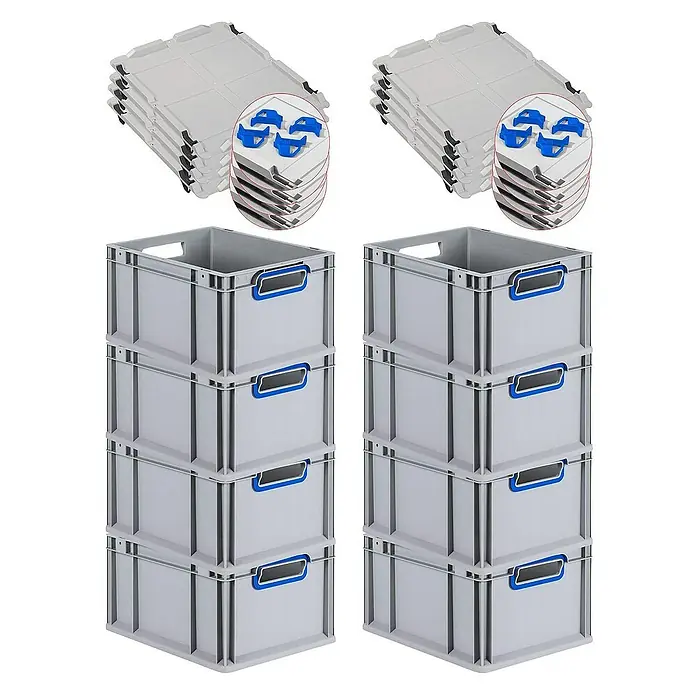 Proregal Euroboxen-Set 8x Eurobox NextGen Color mit Auflagedeckel und Schiebeschnappverschlüsse - L x B x H: 40 x 30 x 22 cm, Kunststoff, Grau, Blau, 8 Stk. - Zwei Stapel grauer Kunststoffboxen mit blauen Griffen und passenden Deckeln für eine ordentliche Lagerungslösung.