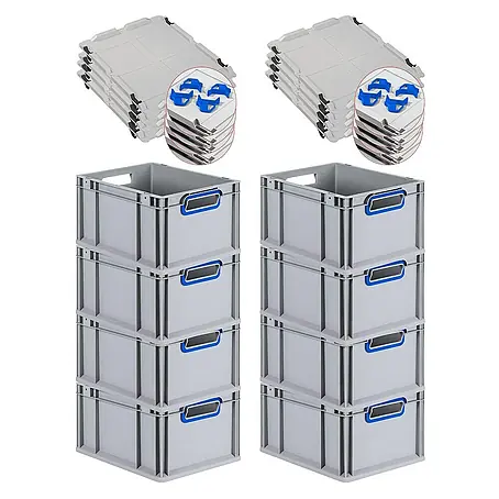 Proregal  Euroboxen-Set 8x Eurobox NextGen Color mit Auflagedeckel und Schiebeschnappverschlüsse