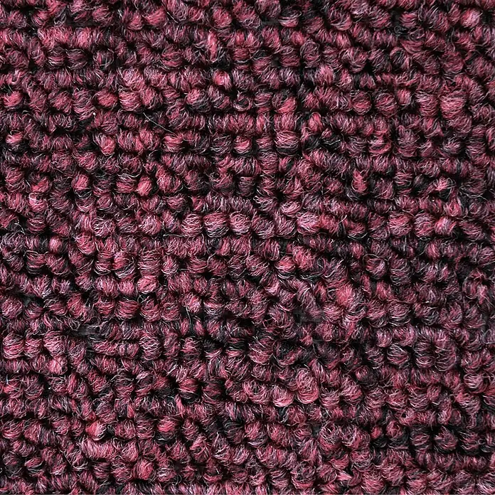 Flachgewebeteppich London - Weinrot, 200 x 200 cm, 100 % Polypropylen - Nahaufnahme eines Teppichs mit kurzem, schlingenförmigem Flor in dunklem Burgunderrot und Schwarz. Die Textur ist dicht und verleiht ein weiches Gefühl.