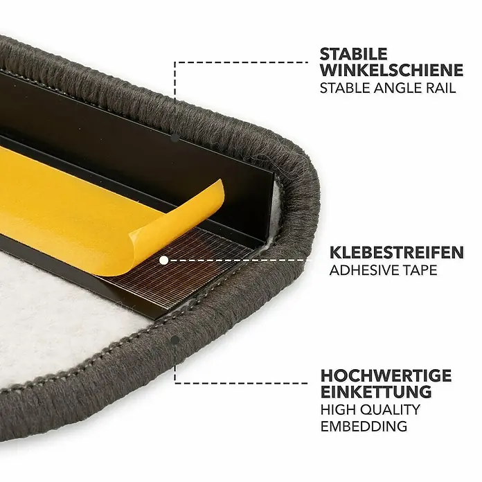 Stufenmatte Alto - 65 x 23,5 cm, Anthrazit, Halbrund - Teppichkante mit stabilem Winkelprofil, Klebestreifen und hochwertiger Einfassung für sicheren Halt und sauberen Abschluss.