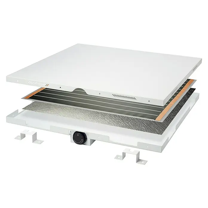 Admiral Radiador metálico por infrarrojos - 1.200 x 600 mm, 1.100 W, Blanco - Vista explosionada de un panel de calefacción de techo blanco con componentes internos visibles. Ideal para sistemas de calefacción modernos y eficientes.