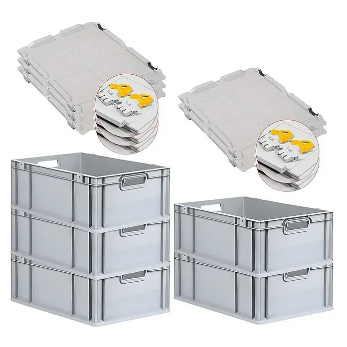 Proregal Euroboxen-Set 5x Eurobox NextGen Grip mit Scharnierdeckel und gelben Verschlüssen - L x B x H: 60 x 40 x 22 cm, Kunststoff, Grau, 5 Stk. - Stapelbare graue Kunststoffbehälter und dazugehörige Deckel für eine effiziente Lagerung und Organisation.