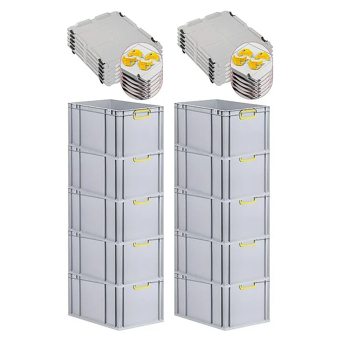 Proregal Euroboxen-Set 10x Eurobox NextGen Color mit Auflagedeckel und Schiebeschnappverschlüsse - L x B x H: 60 x 40 x 32 cm, Kunststoff, Grau, Gelb, 10 Stk. - Zwei Stapel grauer Kunststoffboxen mit gelben Griffen und dazugehörigen Deckeln und Clips für sichere Lagerung.
