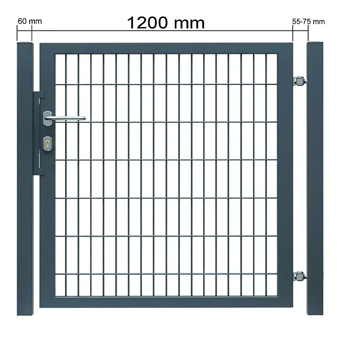 FA-Bausysteme Zauntor Vollrahmen - 1,2 x 1,2 m, Anthrazit, Stahl, 1-Flügel - Abbildung eines grauen Metallgartentors mit den Maßen 1200 mm Breite, 60 mm Pfosten links und 55-75 mm Pfosten rechts.
