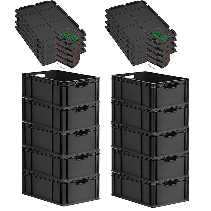 SuperSparSet 10x Eurobox NextGen Grip mit Scharnierdeckel und grünen Schiebeschnappverschlüssen | HxBxT 22x40x60cm | 44 Liter | Schwarz | Griffe offen | Verstärkter Boden | Eurobehälter, Transportbox, Transportbehälter, Stapelbehälter -  - Abbildung von zwei Stapeln schwarzer Kunststoffkisten und zwei Stapeln schwarzer Kunststoffdeckel mit grünen Verschlüssen.