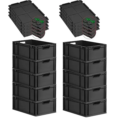 SuperSparSet 10x Eurobox NextGen Grip mit Scharnierdeckel und grünen Schiebeschnappverschlüssen | HxBxT 22x40x60cm | 44 Liter | Schwarz | Griffe offen | Verstärkter Boden | Eurobehälter, Transportbox, Transportbehälter, Stapelbehälter