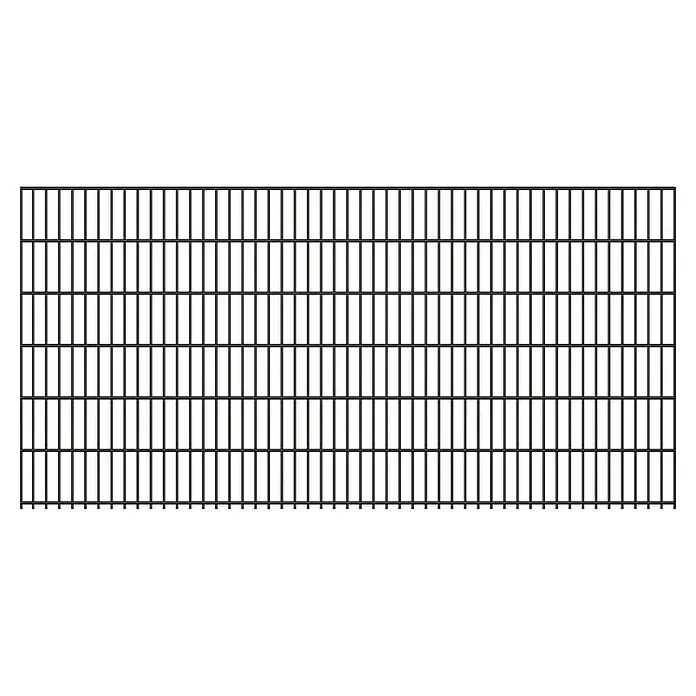 FA-Bausysteme Mattenzaun 6/5/6 mm - 250,8 x 120 cm, Anthrazit - Nahaufnahme eines grauen Metallgitterrosts mit rechteckigen Öffnungen, der für industrielle oder architektonische Zwecke verwendet wird.