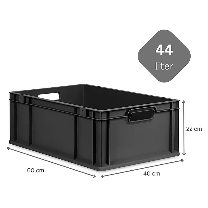 SuperSparSet 10x Eurobox NextGen Grip mit Scharnierdeckel und grünen Schiebeschnappverschlüssen | HxBxT 22x40x60cm | 44 Liter | Schwarz | Griffe offen | Verstärkter Boden | Eurobehälter, Transportbox, Transportbehälter, Stapelbehälter -  - Graue Kunststoffbox mit den Maßen 60 x 40 x 22 cm und einem Fassungsvermögen von 44 Litern, ideal zur Aufbewahrung.