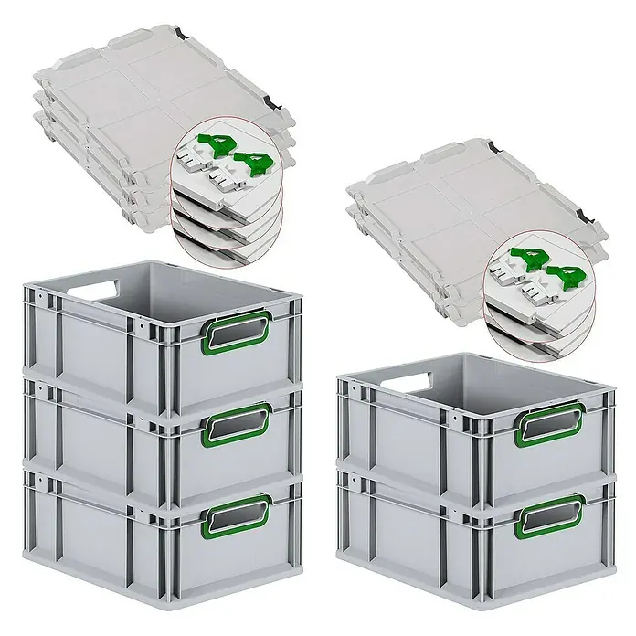 Proregal Euroboxen-Set 5x Eurobox NextGen Color mit Scharnierdeckel und Verschlüssen - L x B x H: 40 x 30 x 17 cm, Kunststoff, Grau, Grün, 5 Stk. - Produktansicht mit stapelbaren grauen Kunststoffbehältern und passenden Deckeln, ideal für Lagerung und Transport.