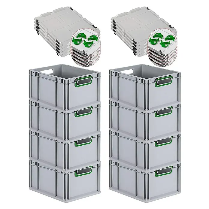 Proregal Euroboxen-Set 8x Eurobox NextGen Color mit Auflagedeckel und Schiebeschnappverschlüsse - L x B x H: 40 x 30 x 22 cm, Kunststoff, Grau, Grün, 8 Stk. - Das Bild zeigt zwei Stapel grauer Euroboxen mit grünen Griffen und passenden Deckeln, ideal für Lagerung und Transport.