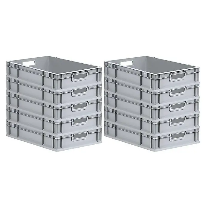 Proregal Euroboxen-Set 10x Eurobox NextGen Economy mit Scharnierdeckel und blauen Verschlüssen - L x B x H: 60 x 40 x 12 cm, Kunststoff, Grau, 10 Stk. - Zwei Stapel grauer Kunststoffboxen mit Etikettenhaltern, ideal für Lagerung und Organisation.