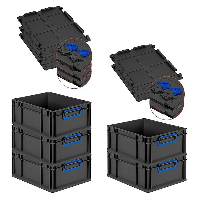 Proregal Euroboxen-Set 5x Eurobox NextGen Color mit Scharnierdeckel und Verschlüssen - L x B x H: 40 x 30 x 17 cm, Kunststoff, Schwarz, Blau, 5 Stk. - Graue Lagerboxen mit blauen Griffen und zugehörigen Deckeln.
