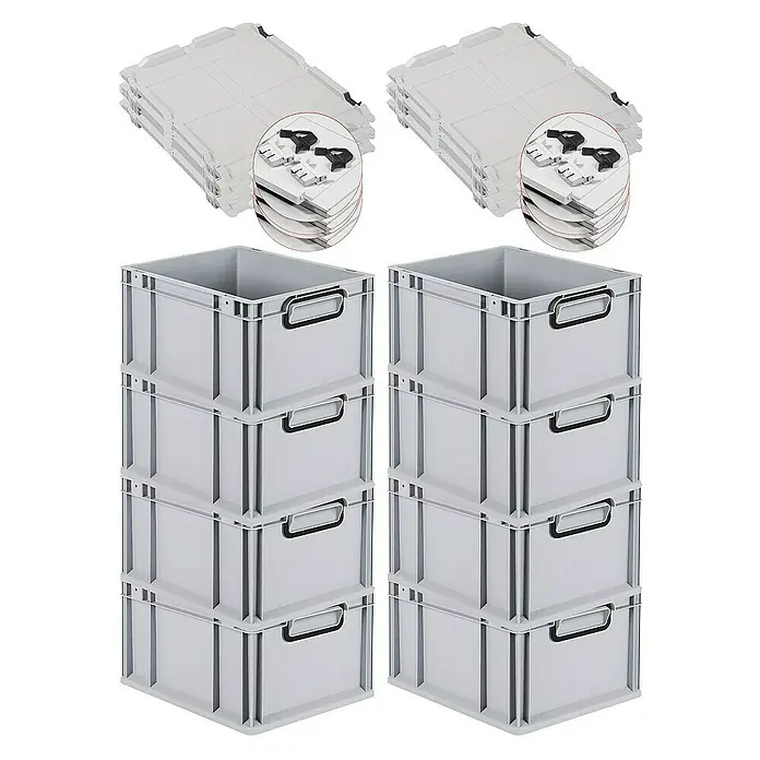 SuperSparSet 8x Eurobox NextGen Color mit Scharnierdeckel und Schiebeschnappverschlüssen | HxBxT 22x30x40cm | 20 Liter | Grau | Griffe schwarz geschlossen | Glatter Boden | Eurobehälter, Transportbox, Transportbehälter, Stapelbehälter -  - Stapelbare Eurobehälter aus Kunststoff mit Deckeln und Griffen, ideal für Lagerung und Transport in Industrie und Gewerbe.